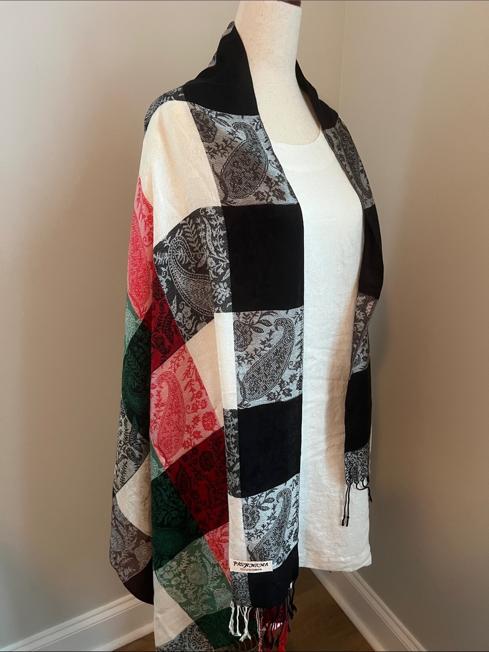 pashmina | Black, White, Red & Green Paisley Patch Scarf Wrap Sz 76” L x 27” W